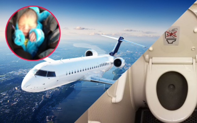 Bebé abandonado en caneca de baño en un avión