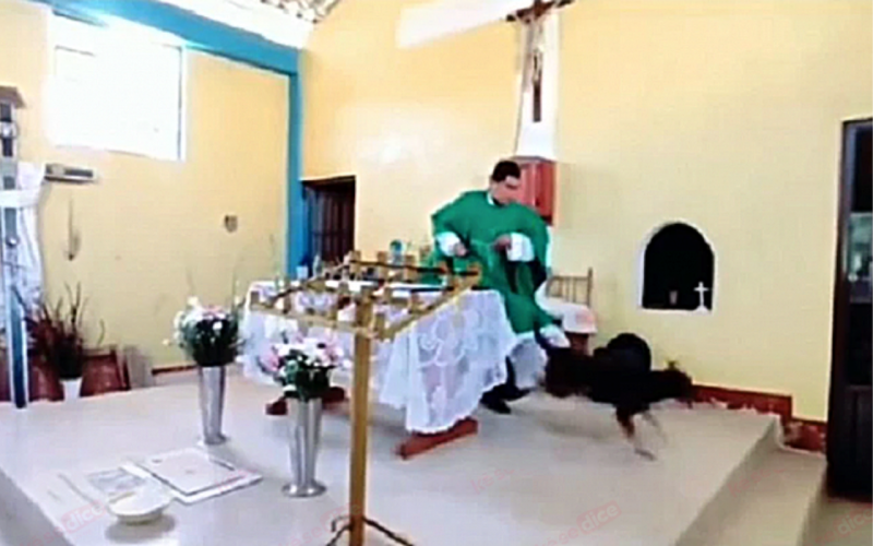 Rechazo por cura que pateó a un perro por entrar a la misa