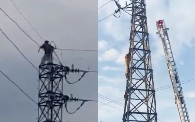 En video: Hombre causó pánico al escalar una torre eléctrica de más de 30 metros de altura en  Cali