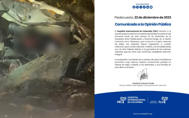Hospital confirma el fallecimiento de uno de los menores involucrados en trágico accidente de tránsito en Piedecuesta