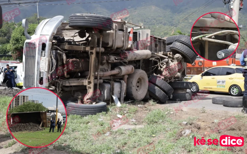De reversa y sin frenos: volqueta quedó atravesada en plena vía Bucaramanga–Girón