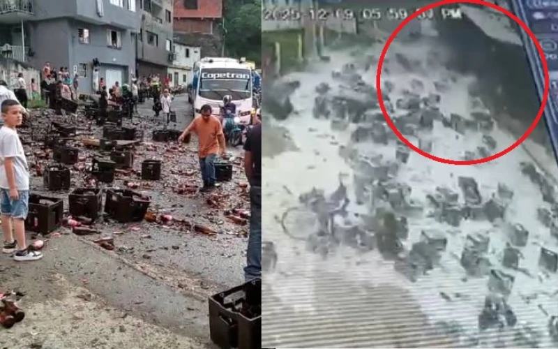 Video: Cajas de cerveza de camión cayeron encima de dos motociclistas en Bucaramanga