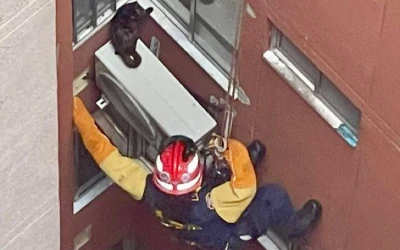 Dramático rescate de un gatico atrapado y en riesgo de caer desde un quinto piso en Girón