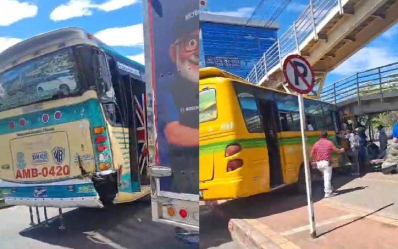Bus terminó incrustado contra puente peatonal en Piedecuesta tras choque con otro bus