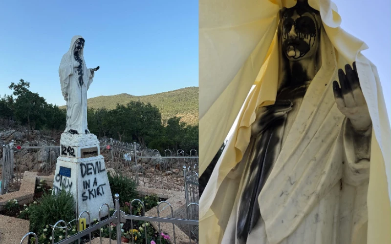 ¡Ataque en Medjugorje! Incendian el altar y pintan símbolos satánicos sobre la Virgen de la Paz