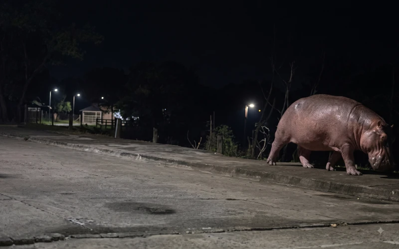 Graban a un hipopótamo caminando cerca de una escuela en Barrancabermeja